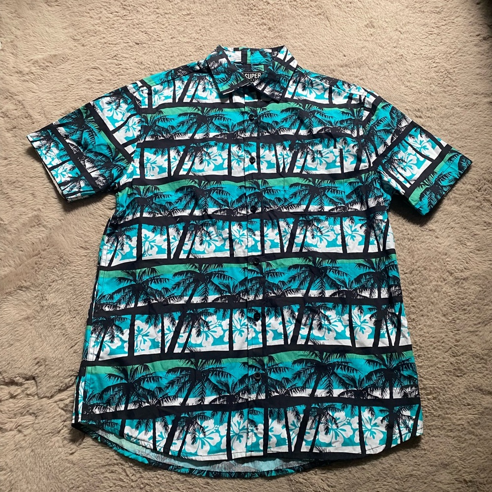 Super Massive Aqua Blue Palm Tree Mens Sz S Cotton Button Down Hawaiian Shirt